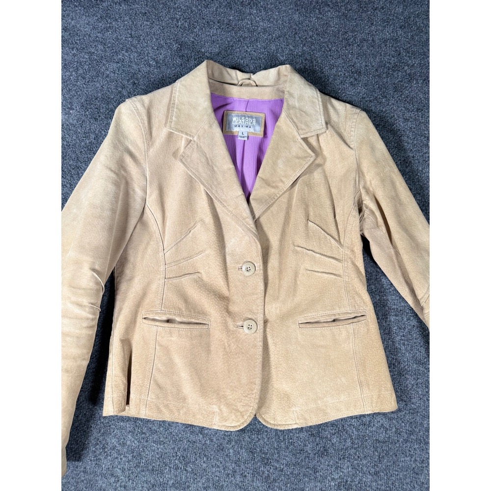 Wilsons Leather Maxima Suede Jacket Blazer Tan Beige Purple Lining Large Womens